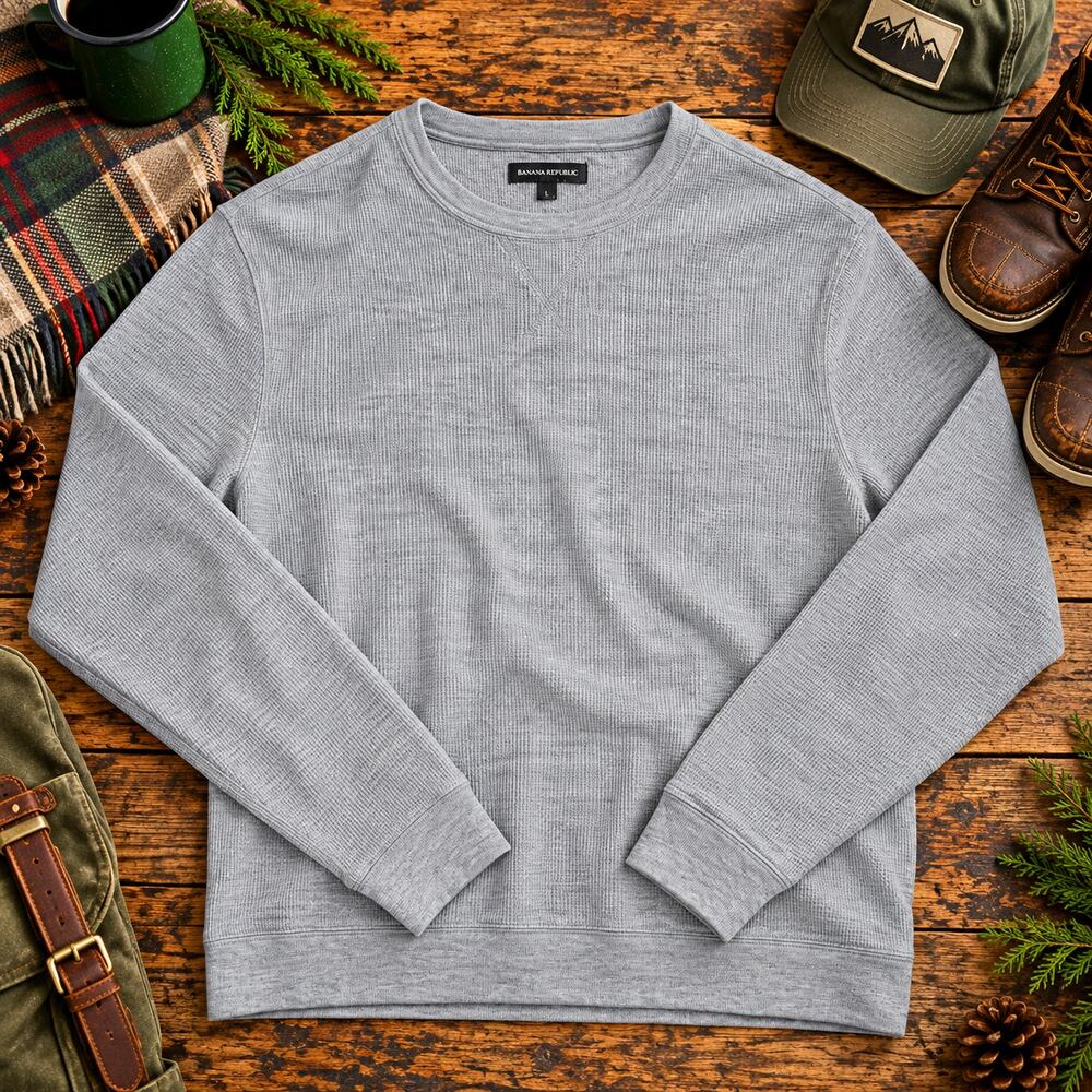 Banana Republic Brushed Waffle Knit Shirt Mens L Heather Gray Thermal Crewneck